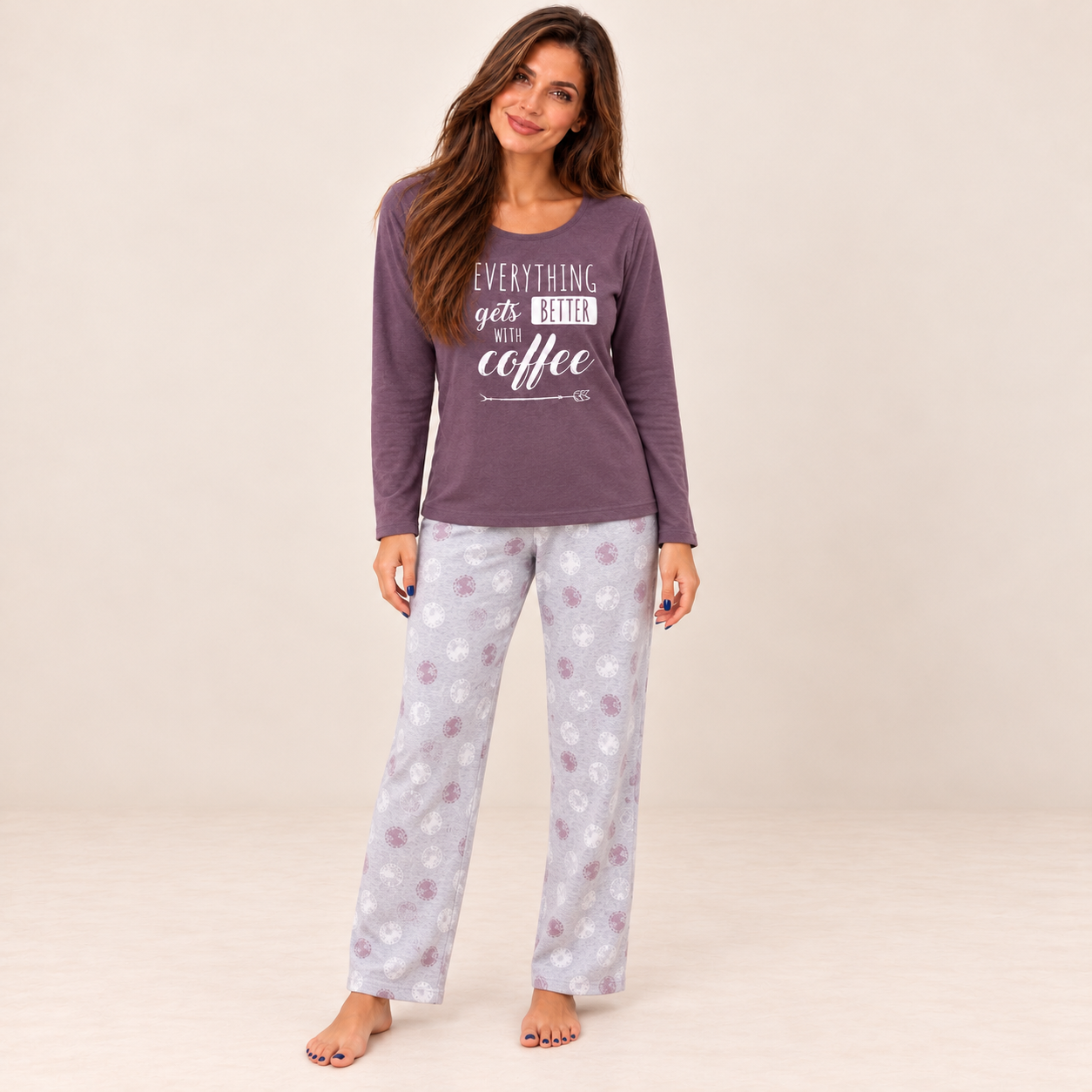 image00001 Coffee Print Mauve Pyjama Set - Image 1