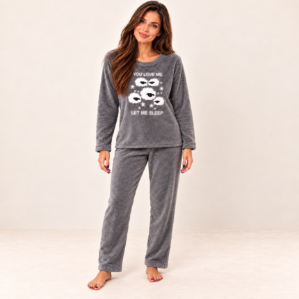 Grey Coral Fleece Sheep Print Pyjama Set