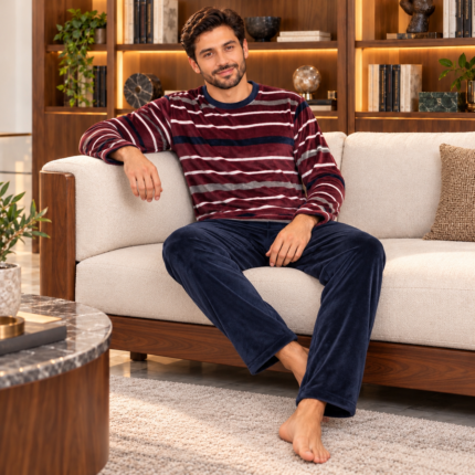 Burgundy Striped Coral Fleece Pyjama